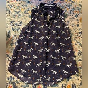 Navy Horse Sleeveless Button Down Cut Out Back Sheer Blouse